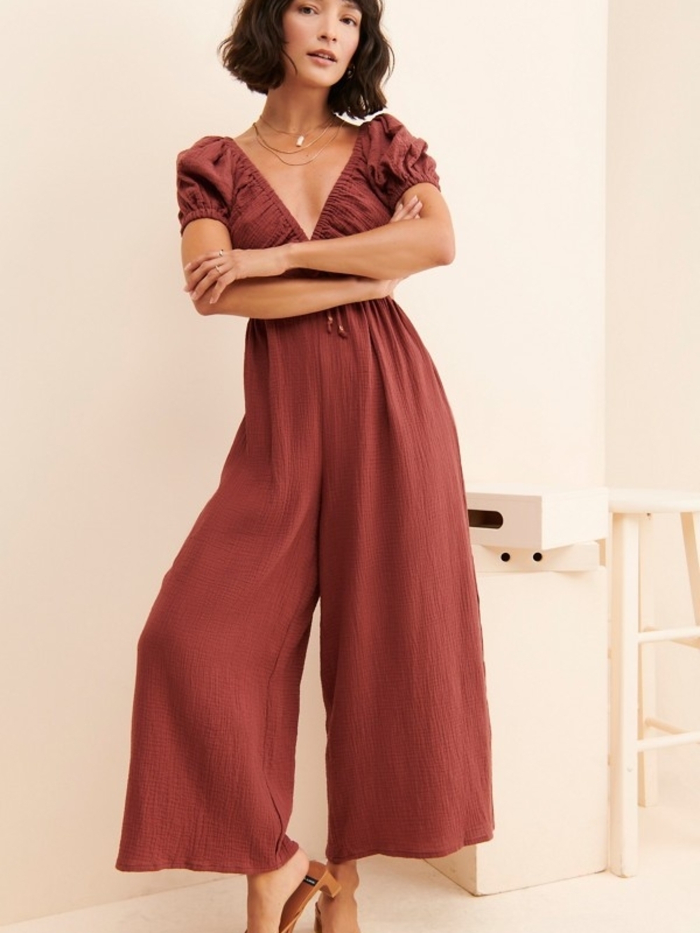 ASTR The Label Crinkled Cutout Gauze Jumpsuit NWT Coastal Boho Wide Leg LG
